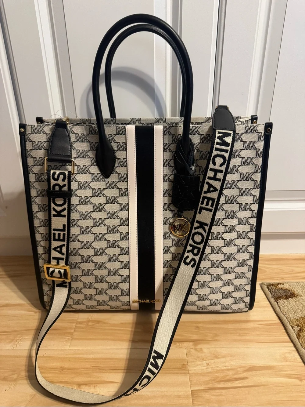 Michael Kors Black & White Signature Tote with Logo Strap